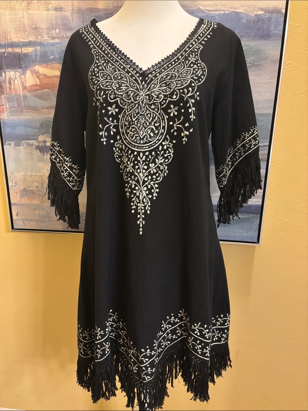 Black Embroidered Fringe Midi Dress